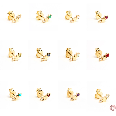 Star Zodiac Birthstone Stud Earrings With 925 Sterling Silver Earring Post Colorful Cubic Zirconia Constellation Jewelry