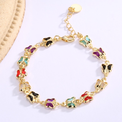 Bracelet Papillon Coloré Laiton Plaqué Or 18K Avec Incrustation Acrylique Multicolore Bijoux Réglables Pour Femmes Filles