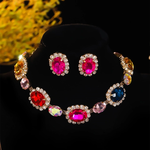 Ensemble de Bijoux de Luxe Vintage avec Strass en Verre Multicolore pour Femmes Collier et Boucles d'Oreilles Floraux en Alliage