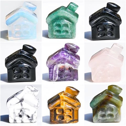 Mini Crystal House Carving Natural Healing Stone Amethyst Rose Quartz Obsidian Desktop Ornament Hand Carved Decorative Figurine