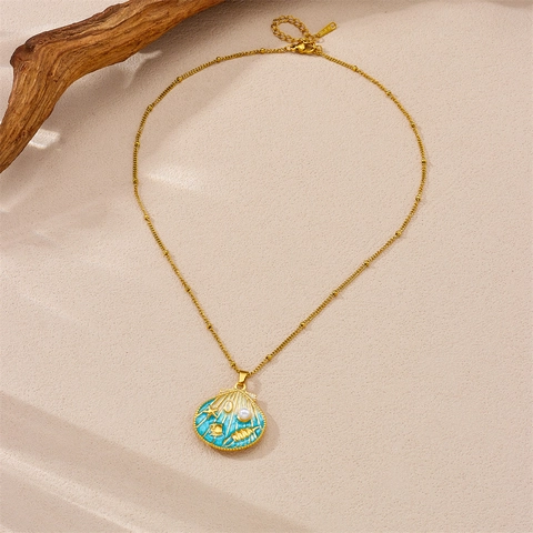 Collana Pendente Conchiglia Acciaio Inossidabile Placcato Oro Smalto Sfumato Oceano Stella Marina Perla Artificial