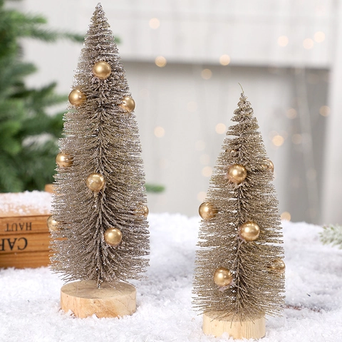 Mini Albero Di Natale Decorazione Da Scrivania Base In Legno Sisal Glitter Oro Argento Ornamento Centrotavola Casa
