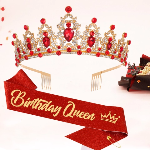 Geburtstag Königin Tiara Und Schärpe Elegant Funkelnde Legierung Strass Krone Glitzer Stoff Schultergurt Party Dekoration