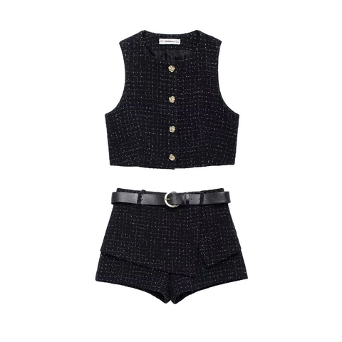 Femme Élégante Tweed Noir Gilet Sans Manches Et Shorts Avec Ceinture Boutons Rose Dorés Style Vintage