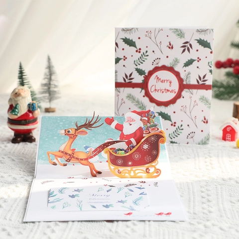 Tarjeta De Felicitación 3D De Navidad Papá Noel Trineo De Renos Arte De Papel Hecho A Mano Con Sobre