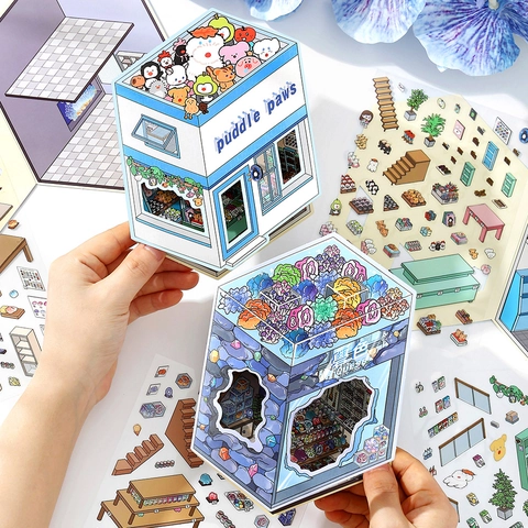 DIY 3D Miniatur Gebäude Szene Aufkleber PET Karton Faltbar Isometrisch Journal Dekoration Handgefertigte Kunstbedarf