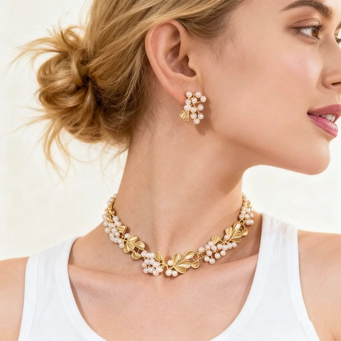 Collana E Orecchini Vintage Royal Fiore Foglia Con Künstliche Perle Di Imitazione E Perno In Argento Gioielli Eleganti