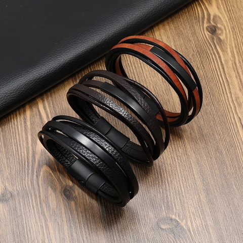 Multilayer Braided Leather Bracelet With Stainless Steel Bar Alloy Magnetic Buckle Vintage Jewelry For Men