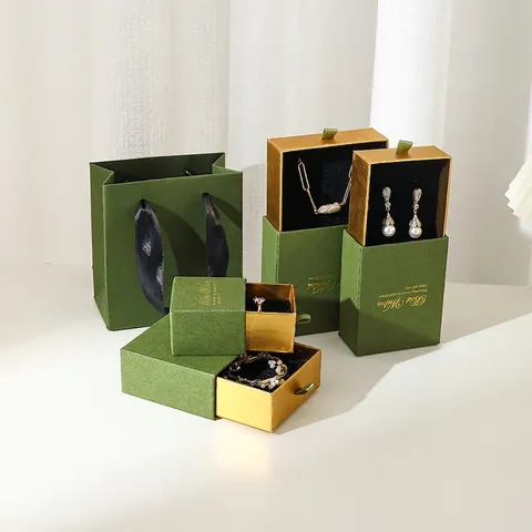 Retro Green Gold Stamping Jewelry Packaging Box Drawer Lid And Base Style Cardboard Case For Ring Necklace Earring