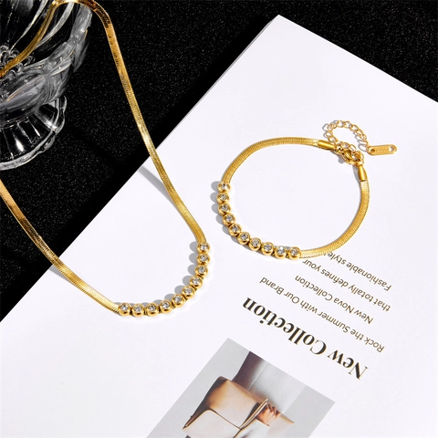 Gioielli Con Catena A Serpente Piatta Per Donna Acciaio Inossidabile Strass Pietra Rotonda Intarsiata Moda Vintage Tono Oro