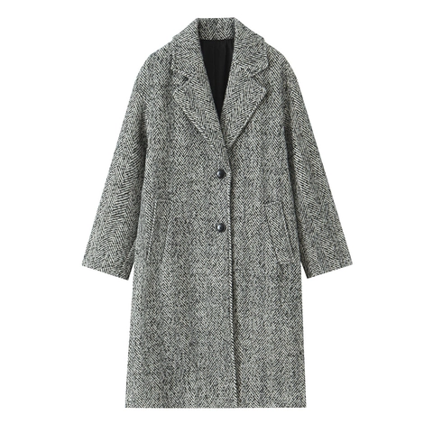 Dames Lange Mantel Met Visgraatmotief Revers Knoopsluiting Elegante Grijze Tweed Jas