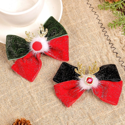 Mollette Per Capelli Con Fiocco E Corna Di Renna Di Natale Tessuto Glitter Con Pompon In Pelliccia Sintetica Decoro Per Feste