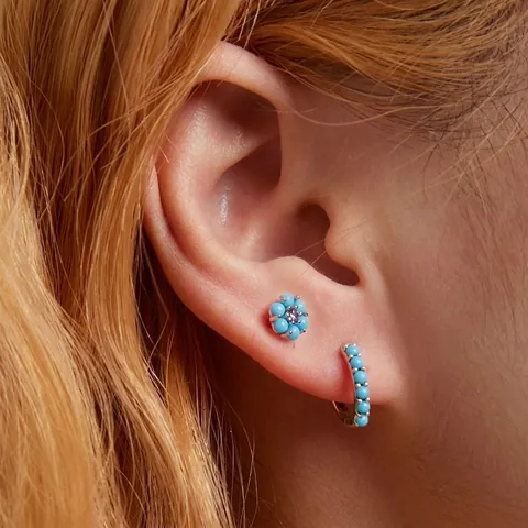 Pendientes de Botón de Flor de Turquesa de Plata de Ley 925 para Mujer Pendientes de Aro Oxidados Vintage con Strass