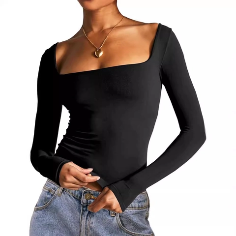 Damen Einfarbiges T-Shirt Mit Quadratischem Ausschnitt Und Langen Ärmeln Slim Fit Crop Top Polyester Spandex Pullover
