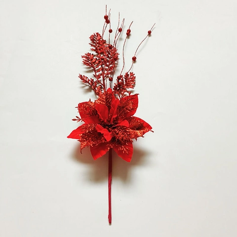 Artificial Christmas Poinsettia Flower Picks Glitter Velvet Flower Branches With Berries For Xmas Tree Party Home Decor