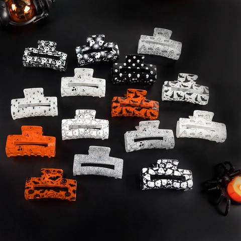 Halloween Haarklammer Acryl Groß Rechteck Gespenst Fledermaus Totenkopf Spinnennetz Muster Haar Accessoires Damen