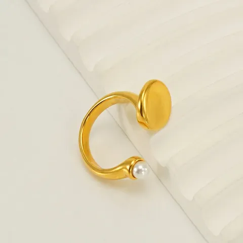Edelstahl Offener Verstellbarer Ring Mit Künstliche Perle Und Rundem Teller Für Frauen Minimalistisch Vergoldet Eleganter Schmuck