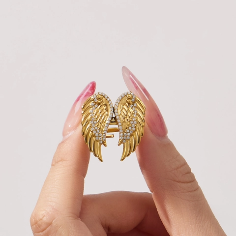 Angel Wings Heart Pendant Necklace And Zircon Ring Stainless Steel Gold Plated Elegant Fashion Jewelry For Women