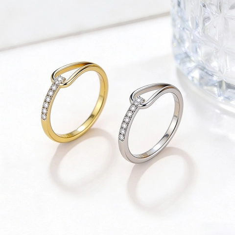 Fashion Hollow Long Bar Geometric Ring Stainless Steel With Zircon Inlay Niche Design Simple Elegant Jewelry For Women