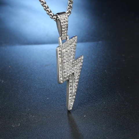 Lightning Bolt Pendant Necklace Stainless Steel Iced Out Zircon Hip Hop Fashion Jewelry For Men