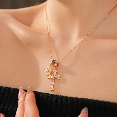 Cross Starburst Pendant Necklace 18K Gold Plated Copper With Cubic Zirconia Mother Of Artificial Pearl Light Luxury Vintage Women