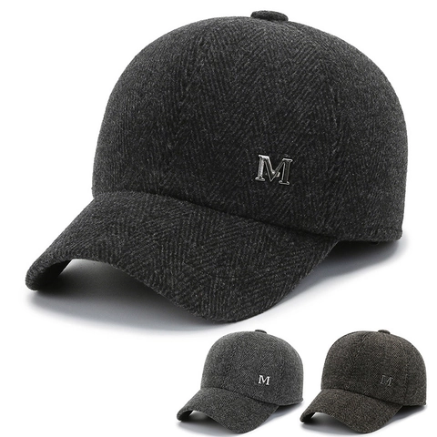 Men Winter Warm Baseball Cap With Ear Protection Herringbone Pattern Thick Woolen Fabric Metal M Logo Dad Hat For Cold Weather