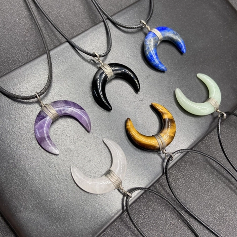 Crescent Moon Pendant Necklace Natural Gemstone Crystal Wire Wrapped Copper Healing Stone Boho Jewelry For Women