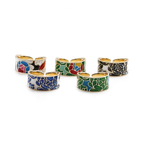 Anello Aperto In Smalto Colorato Rame Placcato Oro Vintage Geometrico Floreale Regolabile Gioielli Per Donna