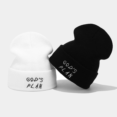 God's Plan Letter Embroidery Beanie Hat Acrylic Knitted Ribbed Cuffed Winter Warm Streetwear Retro Unisex