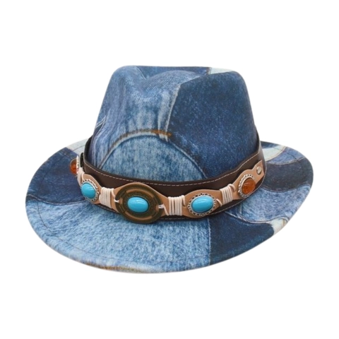 Cappello Fedora Bambino Stampa Denim Patchwork Etnico Cowboy Jazz Con Cinturino In Ecopelle Con Gemme Scena