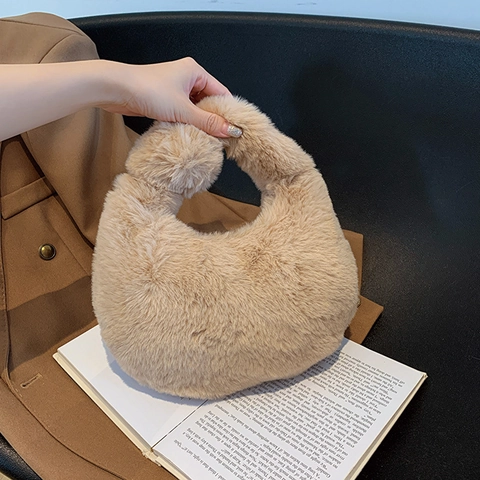 Sac À Main En Peluche Pour Femme Fausse Fourrure Douce Sac Sous L'Aisselle Forme De Boulette Demi-Lune Sac À Bandoulière