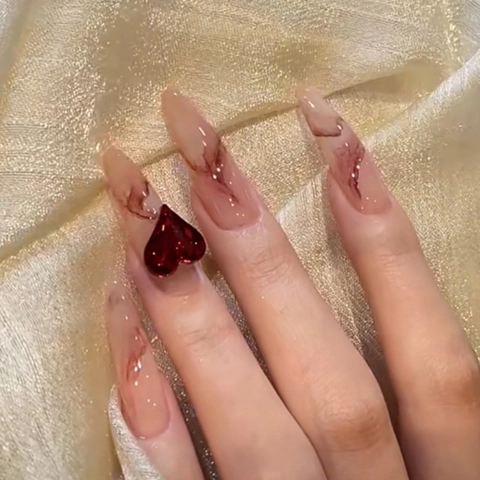Uñas Postizas Press On Forma Almendra Larga Stiletto Diseño Mármol 3D Diamantes Corazón Uñas Desmontables Manicura DIY