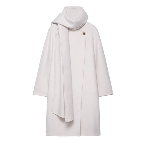 Handmade Elegant Women Long Wool Like Coat With Scarf Collar Button Closure Minimalist Luxury Solid Outerwear Jacket