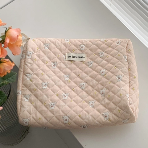 Quilted Cotton Makeup Bag Large Capacity Floral Cherry Pattern Travel Cosmetic Pouch Zipper Organizer For Women