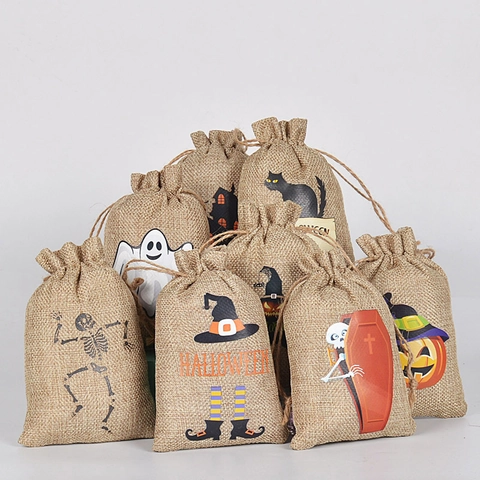 Halloween Drawstring Bags Burlap Linen Candy Gift Packaging Pouch Pumpkin Ghost Skull Print Party Decor Favor