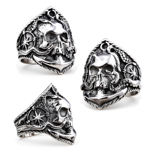 Nautische Schedel Anker Ring Roestvrij Staal Octopus Tentakel Kompas Retro Gothic Punk Sieraden Voor Mannen