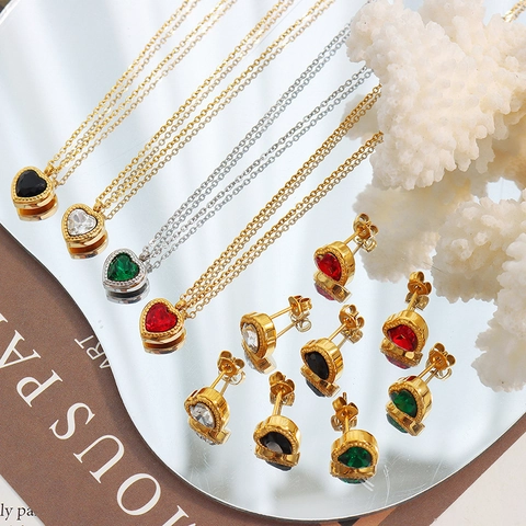 Heart Shape Zircon Jewelry Necklace And Earrings Titanium Steel Gold Plated French Vintage Style For Women