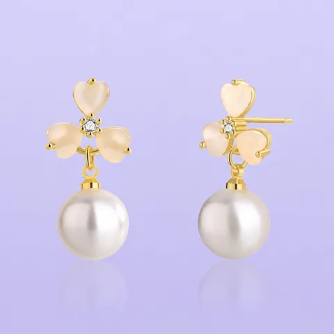 Boucles d'Oreilles Clous en Cuivre Vintage Élégant Avec Tige en Argent Sterling 925 Plaqué Or Cœur Perle Artificielle Strass Trèfle Floral pour Femmes
