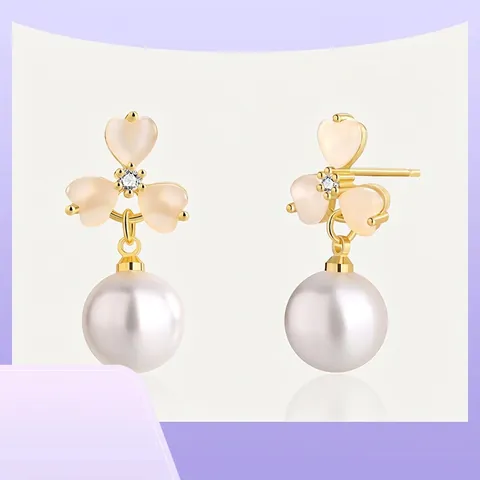 Eleganti Orecchini a Bottone in Rame Vintage Con Perno in Argento Sterling 925 Placcato Oro Cuore Perla Artificiale Strass Quadrifoglio Floreali per Donna
