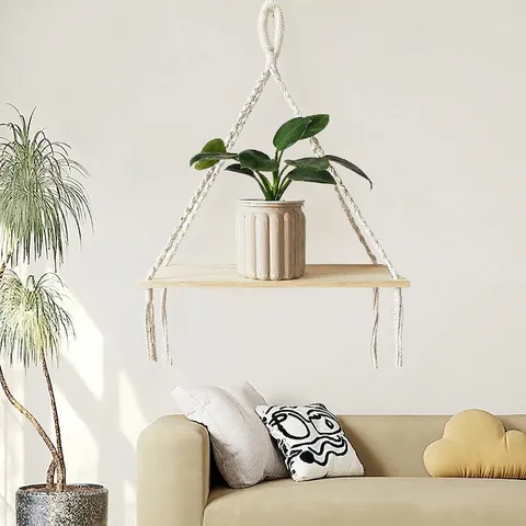 Macrame Wall Hanging Shelf Boho Wood Floating Shelf Handmade Cotton Rope Woven Plant Holder Tassel Display Organizer