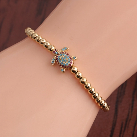 Bracelet À Perles Charme Tortue Marine Cuivre Micro Pavé Zircone Bijoux Mode Réglables Femme Style Plage