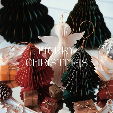 Honeycomb Paper Christmas Hanging Ornaments Foldable Magnetic Tree Angel Lantern Gold Glitter Edge Holiday Home Decor
