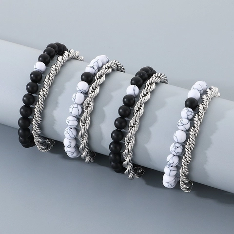 Pulsera De Capas Para Hombre Acero Inoxidable Cadena De Cuerda Ágata Negra Cuentas Howlita Blanca Estilo Retro Punk