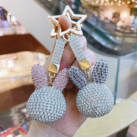 Rhinestone Cute Rabbit Head Keychain Shiny Alloy Bunny Bag Charm Star Clasp Luxury Car Key Ring Decorative Pendant For Women Jewelry Gift