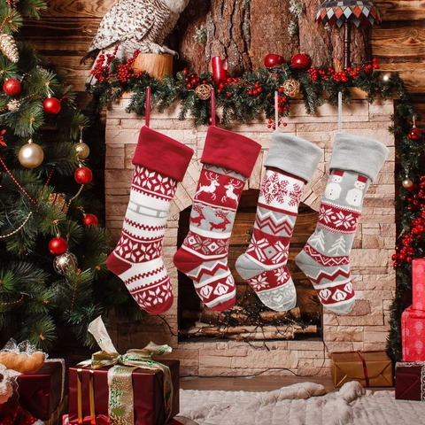 Christmas Stockings Knitted Hanging Fireplace Decorations Reindeer Snowflake Snowman Patterns Polyester Gift Bags