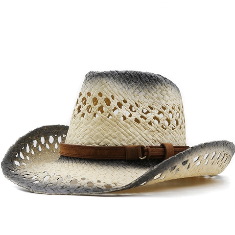 Western Cowboy Hat Woven Paper Straw Hollow Out Breathable Gradient Wide Brim For Outdoor Beach Travel Unisex