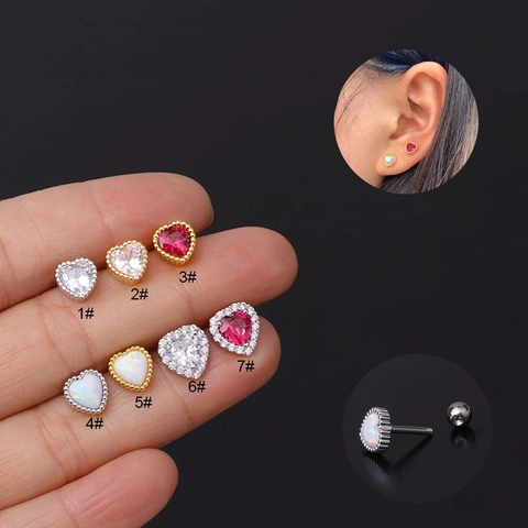 Heart Shaped Ear Cartilage Stud Stainless Steel Copper Zirconia Opal Inlaid Piercing Earring Screw Ball Back Jewelry