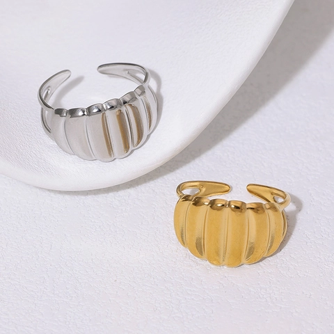 Croissant Open Ring Stainless Steel Gold Plated Adjustable Ribbed Wave Texture French Retro Minimalist Jewelry For Women