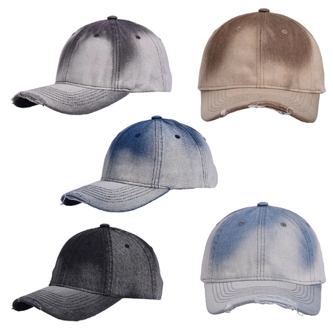 Distressed Washed Denim Baseball Cap Retro Tie Dye Gradient Adjustable Cotton Sunshade Vintage Streetwear Hat