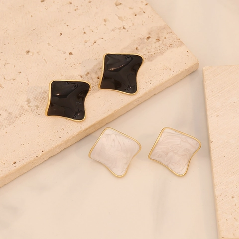 Stainless Steel Stud Earrings Flower Geometric Irregular Block Enamel Marble Texture Elegant Fashion Accessory For Women